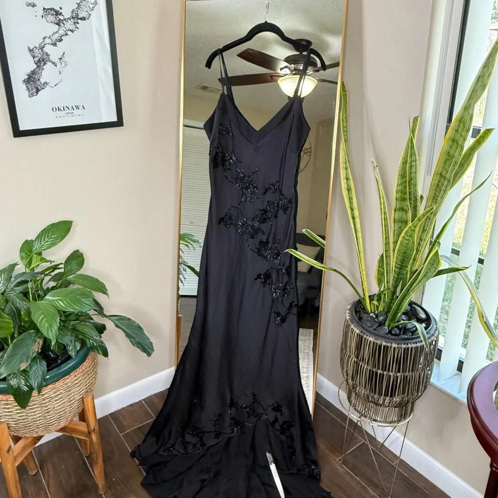 House of CB ANASTELLE Black Hand Beaded Embellished Satin Maxi Dress NWT - Picture 7 of 11